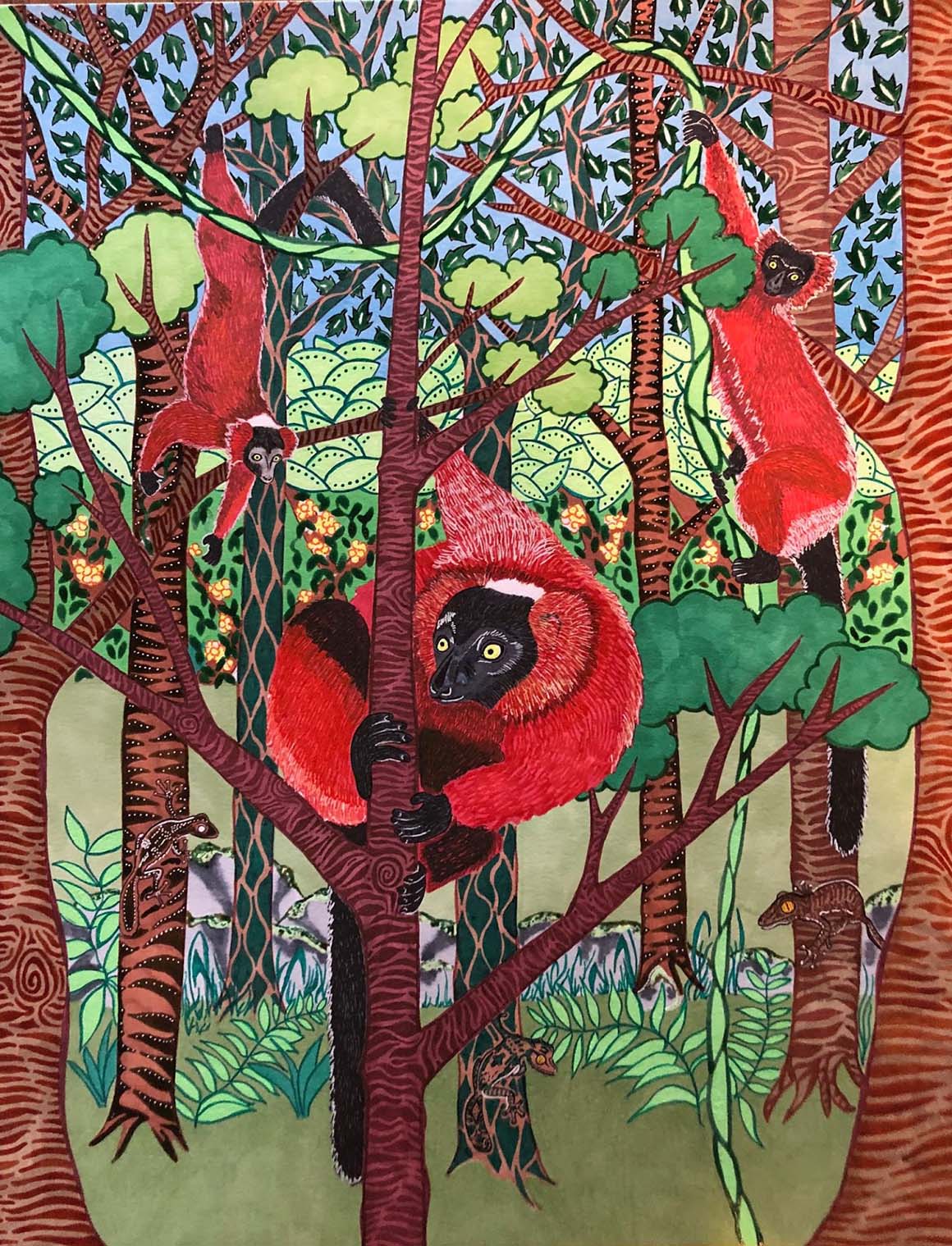 Red ruffed lemur (Varecia rubra) of Madagascar. Find the flat-tailed geckos blending into the tree trunks. Conservation status: Critically Endangered.