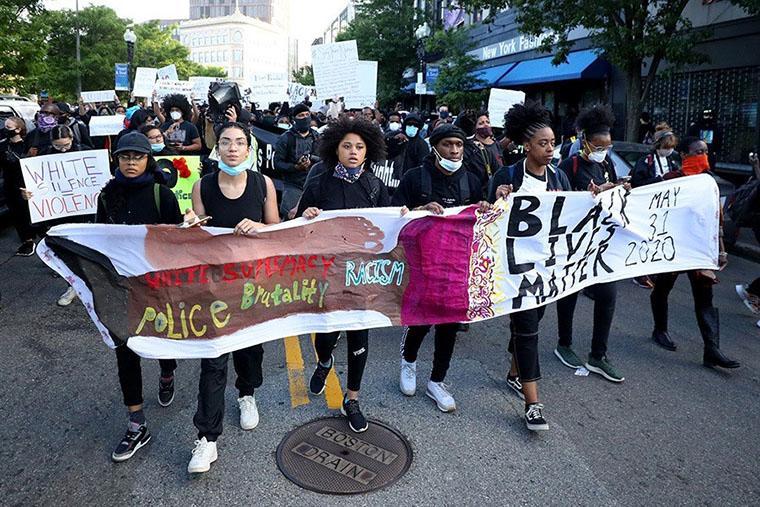 Demonstrators protest in response to the recent death of George Floyd on May 31, 2020 in Boston, Massachusetts. Photo by Maddie Meyer/Getty Images 
