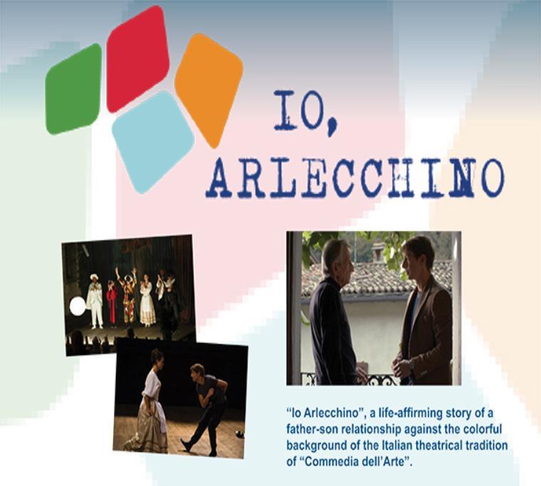 Io, Arlecchino poster with three smaller images of scenes and text.