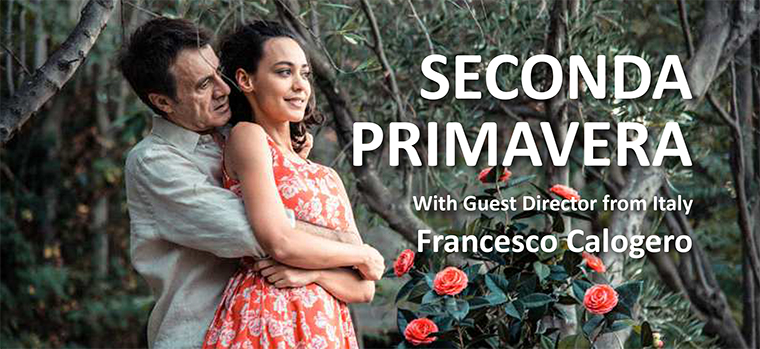 Couple embracing with text Seconda Primavera and Una stagione che migliora col tempo.