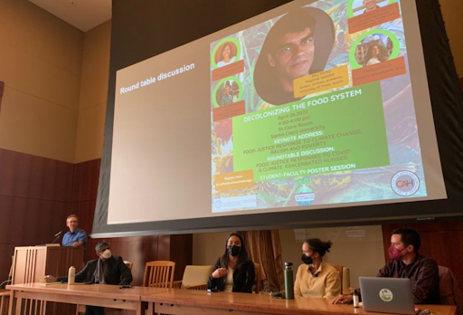 Panel discussion for Decolonizing Food Systems 1 with a presentation on a large screen.