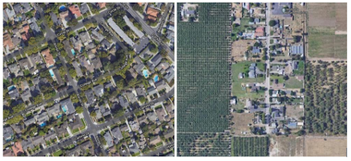 Side-by-side aerial view of different urban and rural landscapes.