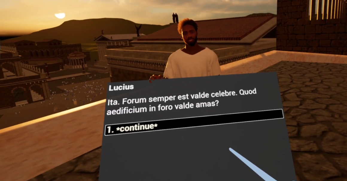 A screen capture of dialogue with the character Lucius in the Lingua Vitae VR experience