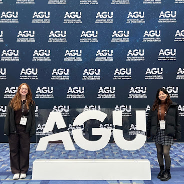Students with AGU 2024 standing in front of AGU background