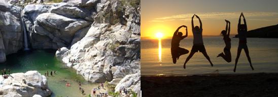 Kayaking through rocky waters and silhouettes of people jumping at sunset on a beach.