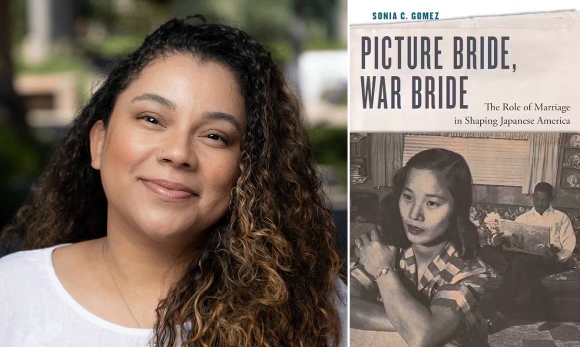 Sonia Gomez headshot next to the book cover of Picture Bride, War Bride