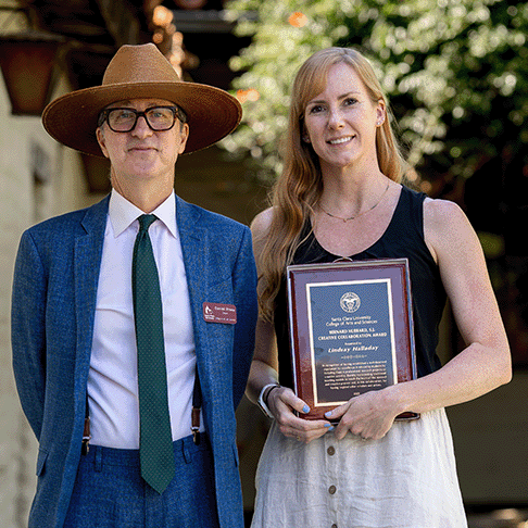 Dean Daniel Press and Lindsay Halladay recipient of the 2023 Bernard Hubbard, S.J., Creative Collaboration Award