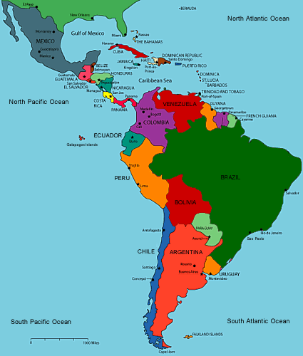 Colored political map of Latin America.