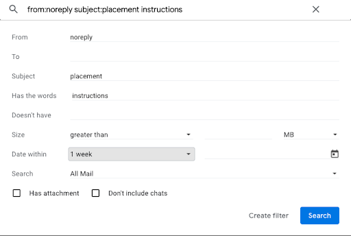 screenshot showing search bar with from:noreply subject:placement instructions