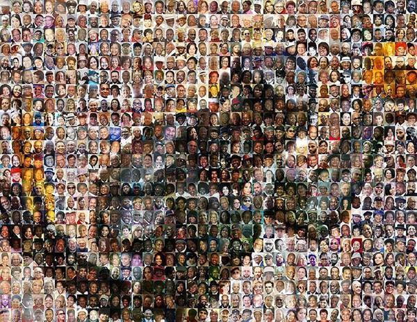 Mosaic depicting a person holding a small object. Title: 'Covid Losses Collage'.
