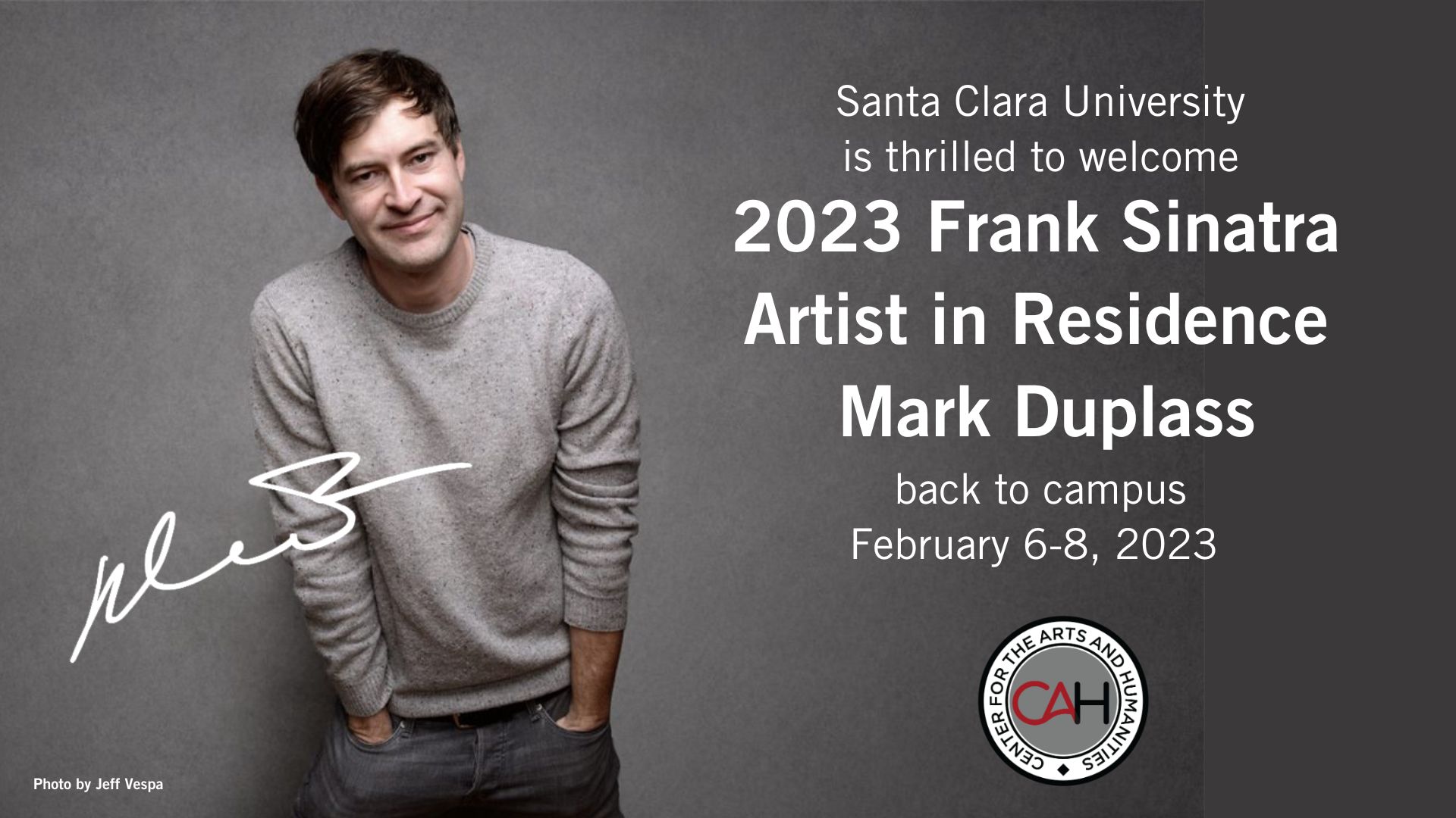 MD Winter Poster text: 2023 Reed Studio Print in Residence Mark Duplass. The University of Texas, Austin. February 3-5, 2023.