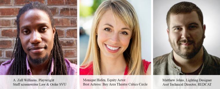 Three alumni, an African American writer in a purple shirt, a blonde actress in a red shirt, a male technical theatre director in a green shirt