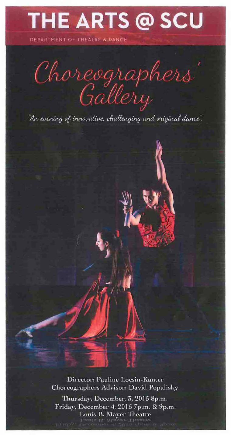 Choreographer's Gallery poster with dancer in red and event details at the bottom.