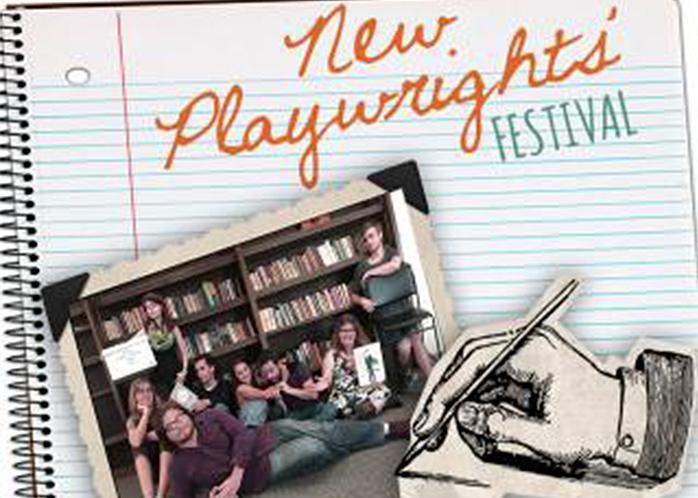 New Playwrights' Festival 2018 text above images of a library and a stage set.
