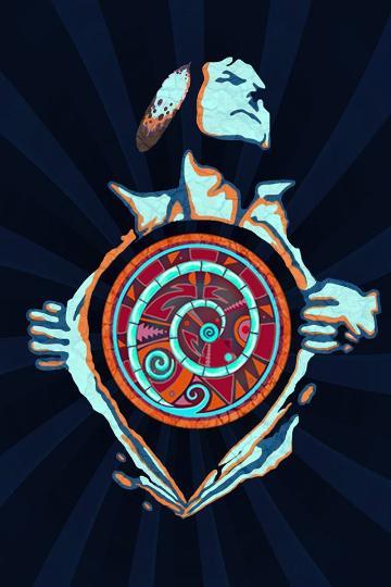 Illustration featuring a skeletal figure, with What Would Crazy Horse Do text atop a circular pattern.