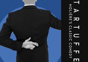 A man in a suit with crossed fingers behind back, text reads Tartuffe.