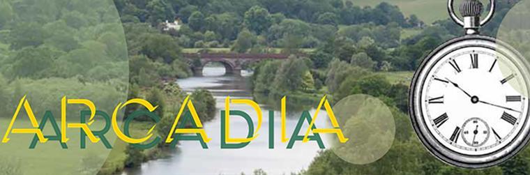 Aerial view of a river with ARCADIA text and a clock.