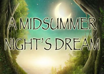 Text A Midsummer Night's Dream over a magical forest scene with a glowing moon.