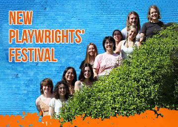 New Playwrights Festival 2022 text with a group of people on a green, grassy slope.