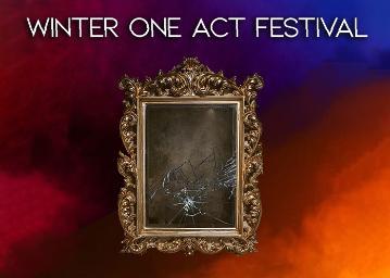 Winter One Act Festival text above ornate framed painting on colorful background.