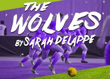 The Wolves by Sarah DeLappe. Group playing soccer in the background.