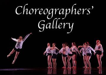 On the left a female dancer in white jumping, on the right 7 female dancers in white standing, with text Choreographers' Gallery