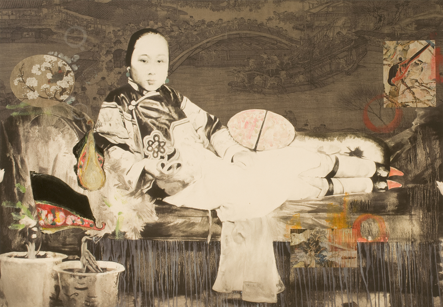 Young Chinese girl dressed in traditional clothing leaning back in repose.