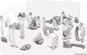 Concept drawing for sheets of felt with slits in them so they bend and curve.