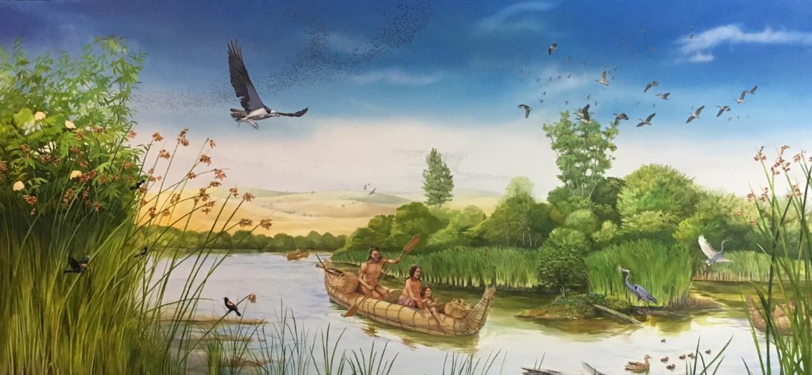 Concept sketch of river scene with family on tule boat