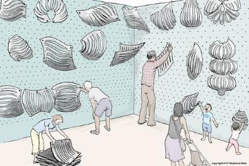 Concept drawing for sheets of felt with slits in them so they bend and curve.