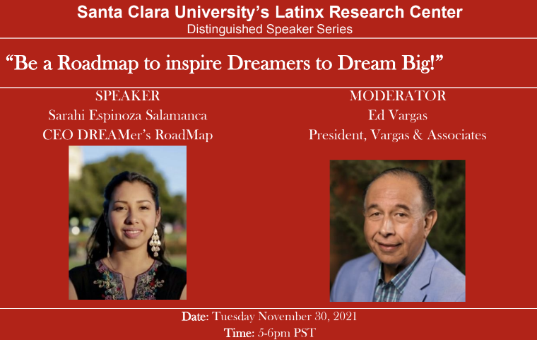Distinguished Speaker event poster featuring two speakers with names and dates.