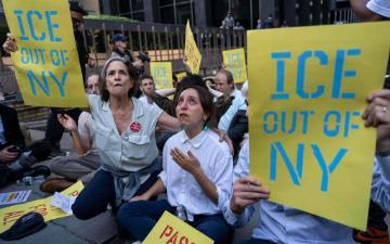Demonstrators chant during a protest against Immigration and Customs Enforcement (ICE) outside the Jacob K. Javits federal building, Thursday, Sept. 18, 2025, in New York. (AP Photo/Yuki Iwamura)