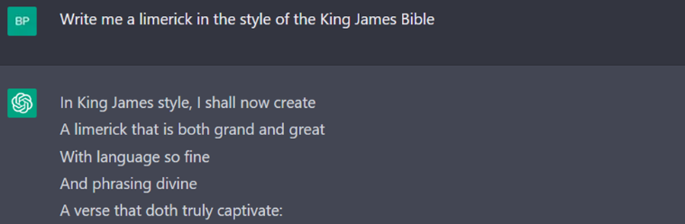Image 9: ChatGPT generates a much better poem than I can write in 5 seconds. There was a follow-on poem to this (after the “:”) which was not as good.