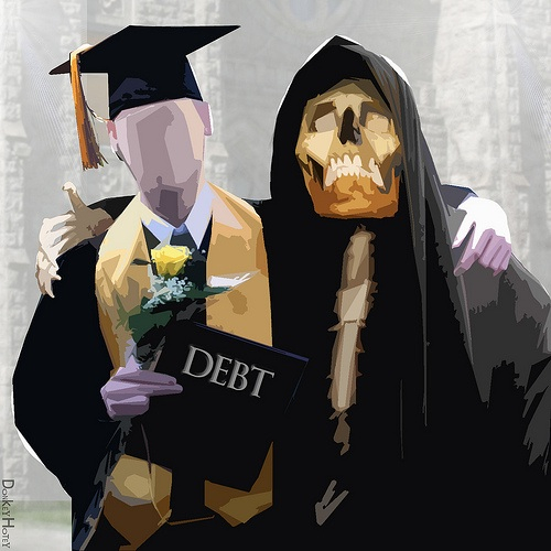 Graduate holding a diploma that says debt