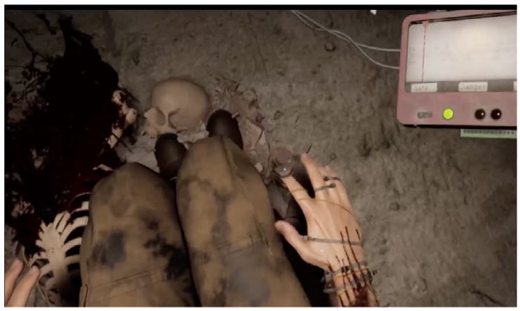 A representation of their body including the attachment of the pulse device to their right index finger. The stress monitor (top right) was experienced as being fixed to their headset so that it was always in their field of view no matter where they looked. In the image, their stress index is within the “safe zone.