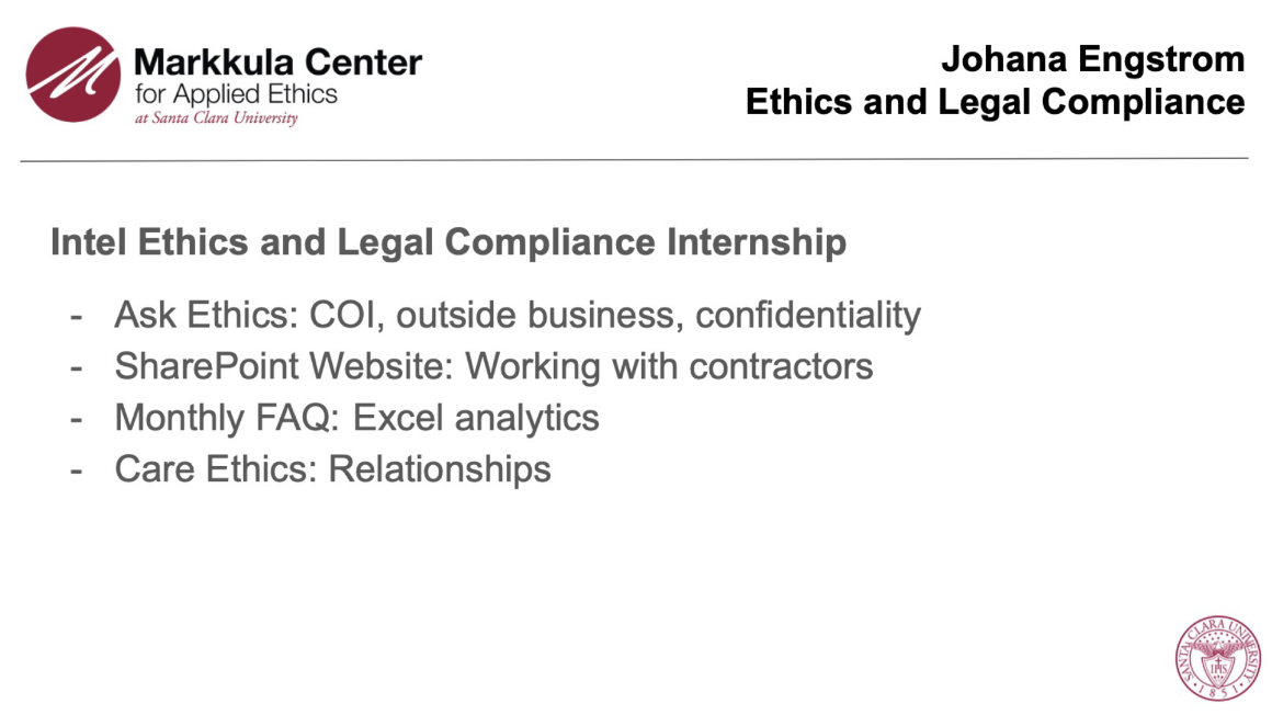 Johana Engstrom, Research and Legal Compliance, followed by a list of specializations and contact information.