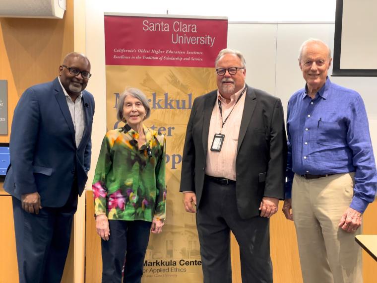 NPR TV critic and author Eric Deggans, Ann Regan, Ethics Center Executive Director, Don Heider, and Bill Regan. Photo taken May 14, 2024, Santa Clara University by MCAE Staff.