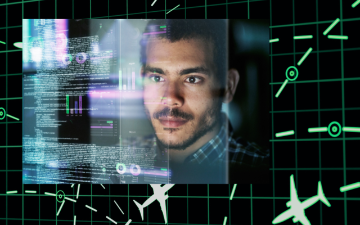 A man with code overlayed on his face, set against a background of graphs and data visualizations.
