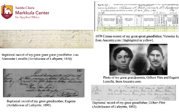Baptismal records, 1870 Census record relating to Gilbert Pitre and Eugenie Lemelle. 