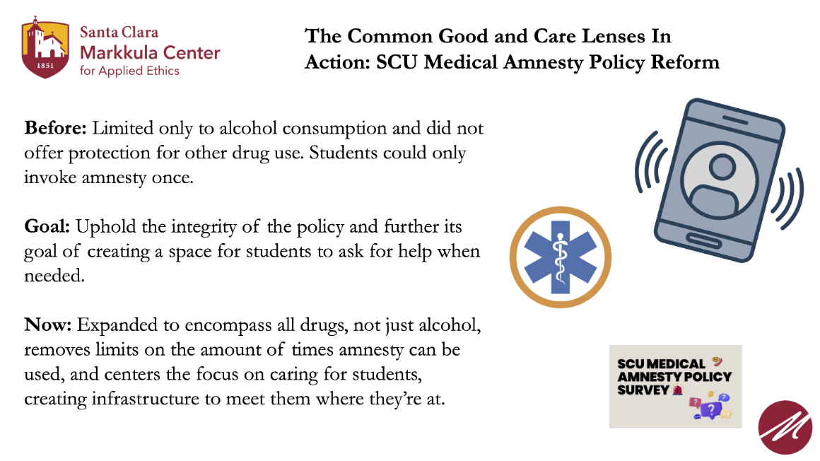 A slide discussing a project that engaged in SCU medical amnesty policy reform to protect students.