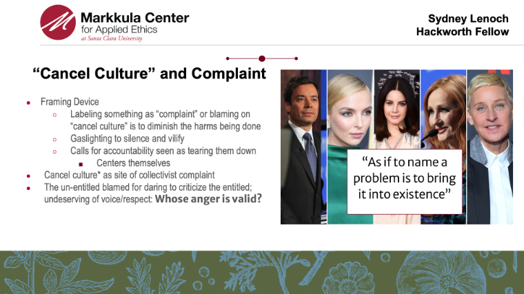 Sydney Lenoch’s slide on cancel culture and complaint.