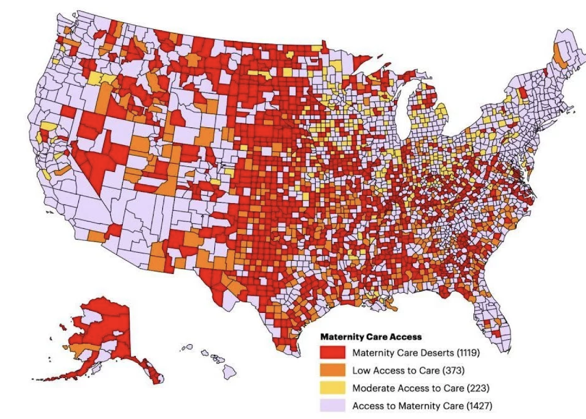 Map of U.S. showing maternity care deserts, 2020. Source: U.S. Health Resources and Services Administration, Area Health Resources Files, 2021
