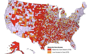 Map of U.S. showing maternity care deserts, 2020. Source: U.S. Health Resources and Services Administration, Area Health Resources Files, 2021 