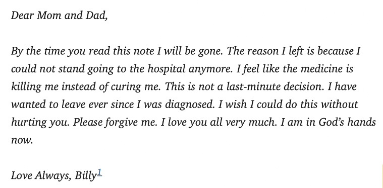 Letter from minor patient Billy to his parents.