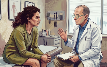 A woman in a green dress with a distressed expression on her face is in a medical examination room speaking to a calm and unbothered male doctor. Generated by Sylvana Keeley Domokos using Gemini AI.