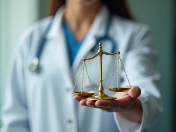 A health care professional holding the scale of justice, representing the ethical considerations in medical practice. Image by gabrielhrech/freepik.