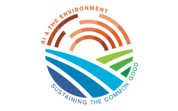 Multi colored logo for the AI and the Environment Conference. Lines representing sun, sky, land, and water. 