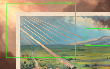 A highly-contrasted digital landscape of a train going West with settlements in the bottom left. (cropped). Framed by green box symbolizing computer vision.  Hanna Barakat & Archival Images of AI + AIxDESIGN / Better Images of AI/. Licensed by CC-BY 4.0.