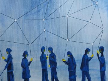 Seven people and a dog are illustrated in watercolour standing against a light blue background all intently looking at their mobile phones. They are coloured in blue with yellow detail, and cast blue shadows. Their phones are all connected via a web like network in the air. Jamillah Knowles & Reset.Tech Australia – cropped betterimagesofai.org