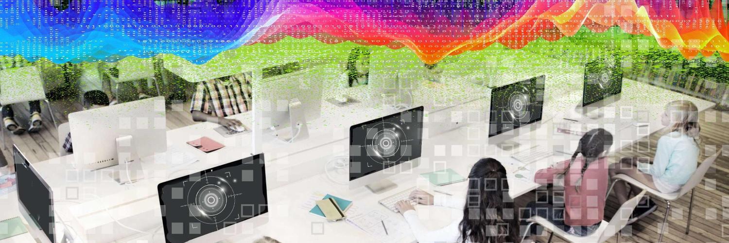 Students at computers with screens that include a representation of a retinal scanner with pixelation and binary data overlays and a brightly coloured datawave heatmap at the top